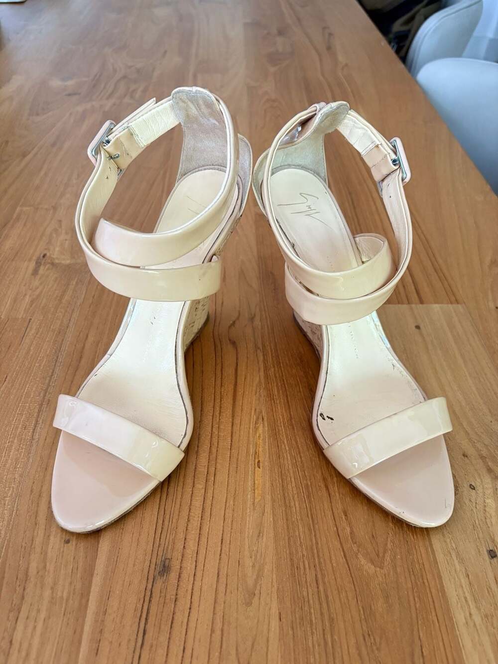 Giuseppe Zanotti Design Beige Patent Leather Cork Wedge Sandals